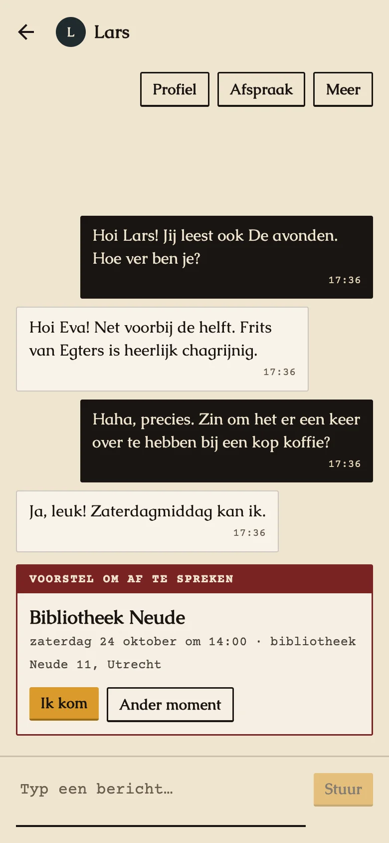 Chat met een voorstel om zaterdag af te spreken in de bibliotheek