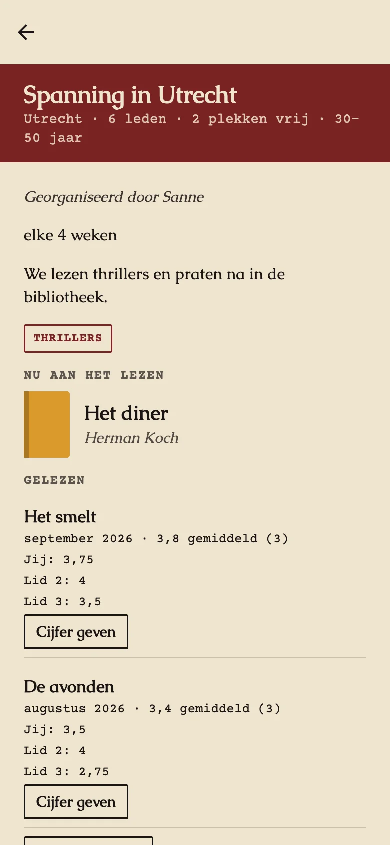 Clubpagina met het boek van nu en de gelezen boeken met cijfers