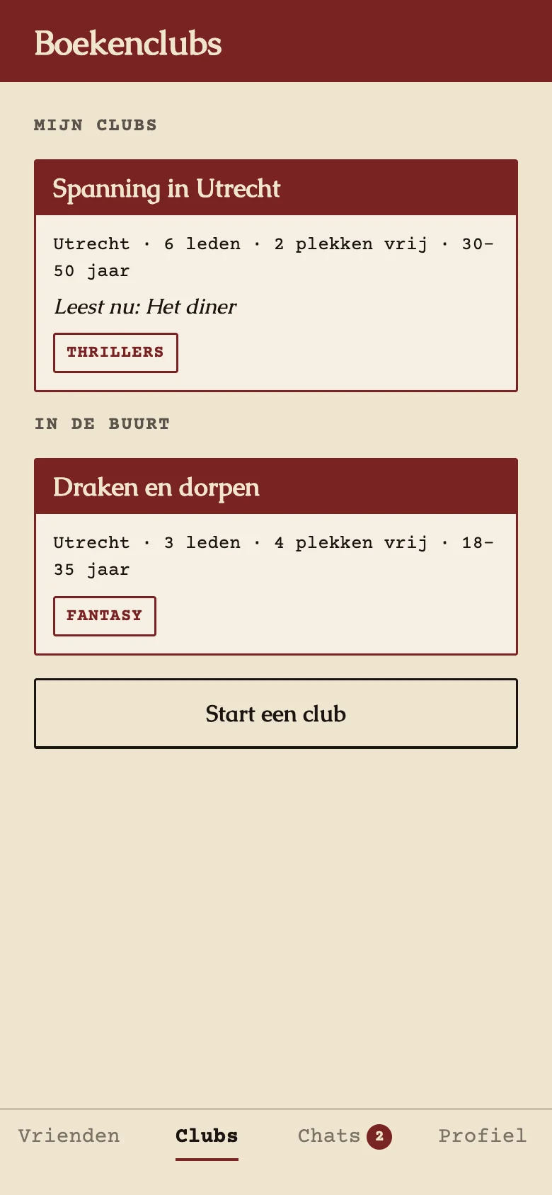 Overzicht van je eigen clubs en clubs in de buurt met vrije plekken