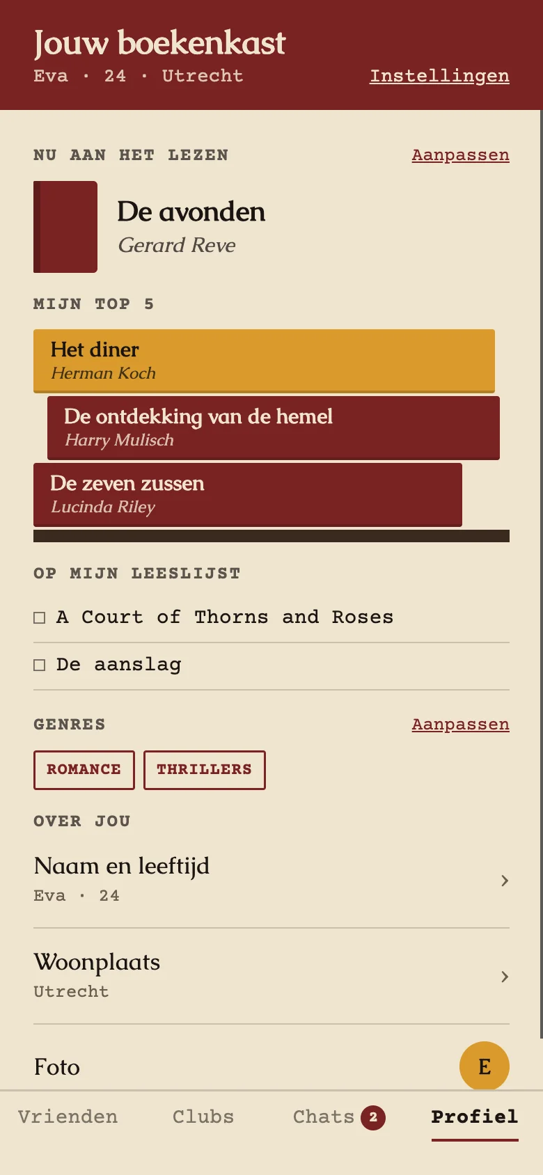 Profiel met het boek dat je nu leest, je top 5, je leeslijst en je genres