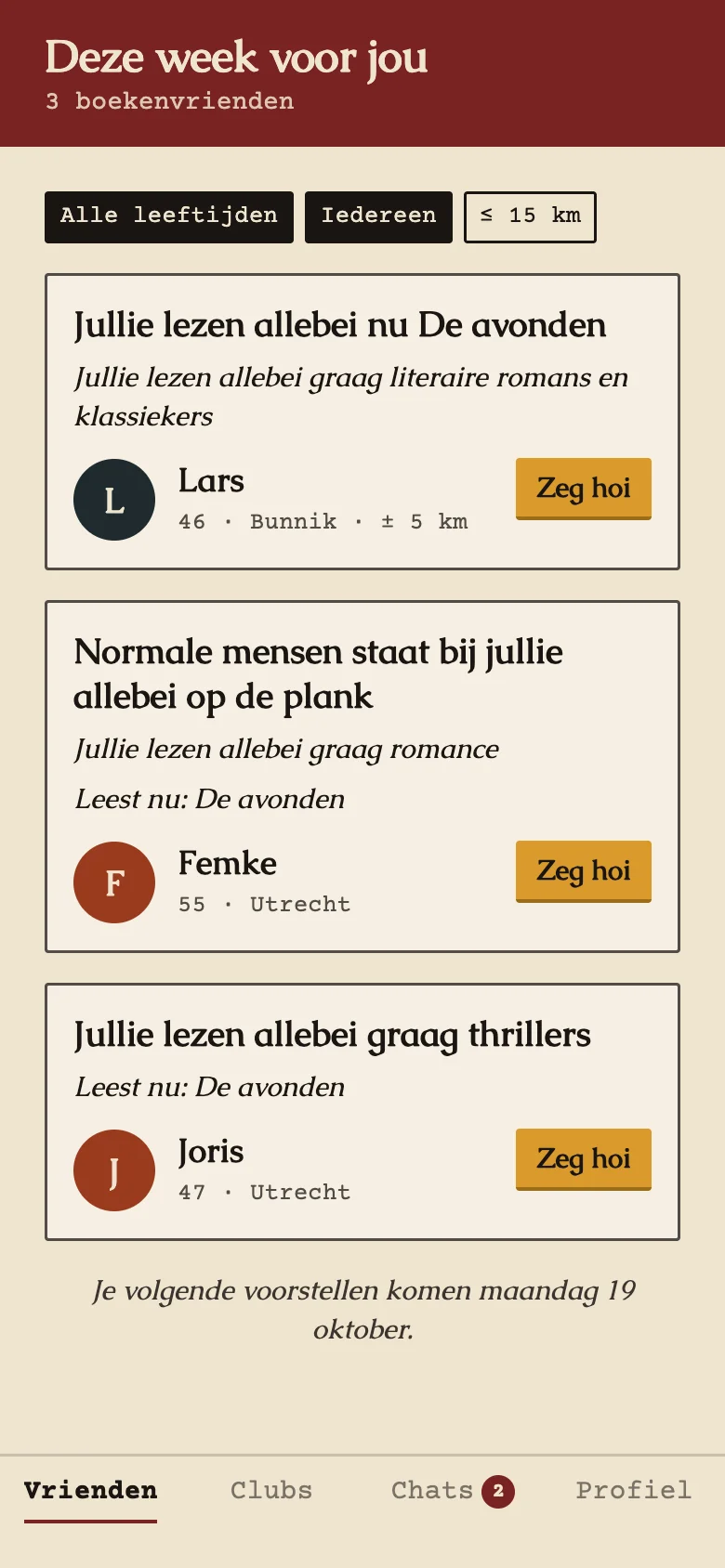 Drie voorgestelde lezers, met bij elk waarom jullie bij elkaar passen